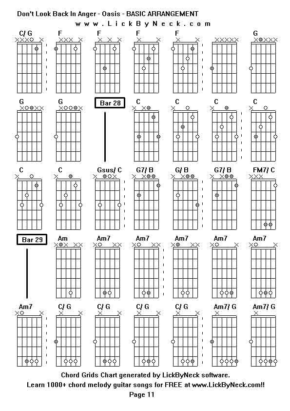 Chord Grids Chart of chord melody fingerstyle guitar song-Don't Look Back In Anger - Oasis - BASIC ARRANGEMENT,generated by LickByNeck software.